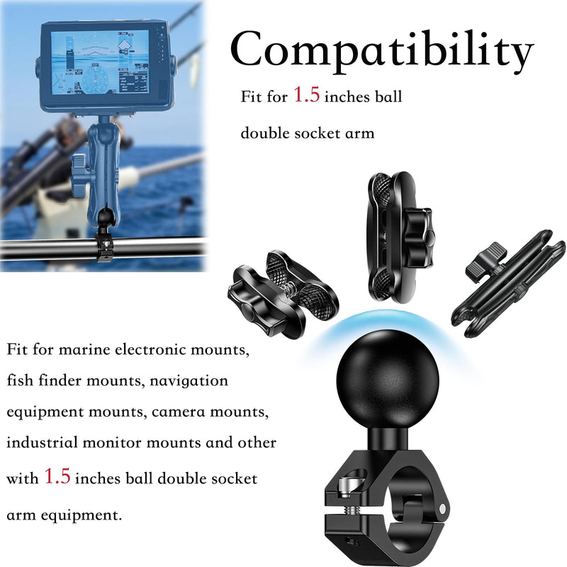 Aluminum Alloy 1.5'' Ball Mount Fit for Round Rails 0.875'' / 1'' / 1.125'' / 1.26'' in Diameter, Adjustable Handlebar Base Compatible with RAM Mounts C Size 1.5 Inches Ball Double Socket Arm