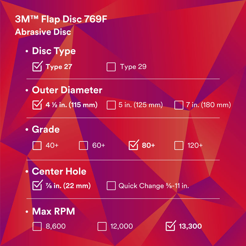 3M Flap Disc 769F, Type 27, 80+, 4-1/2 in x 7/8 in, High Performance Abrasive, Ceramic Precision-Shaped Grain Grinding and Finishing Disc, Carbon Steel, Stainless Steel 4.5 in x 7/8 in T27, 80+