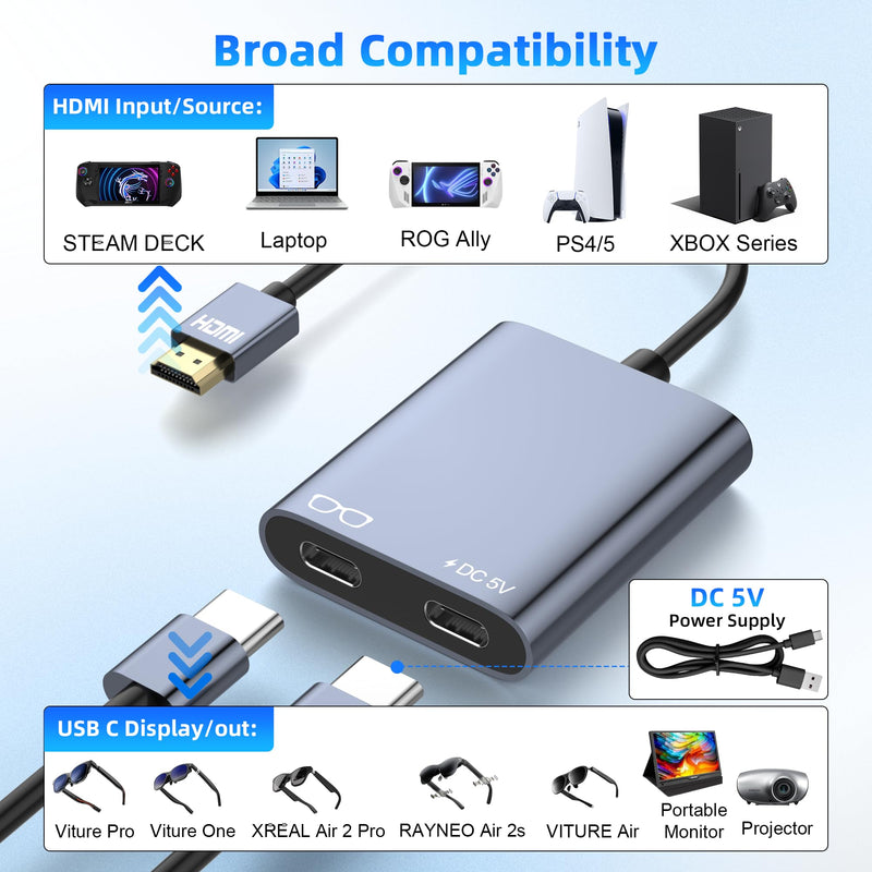 HDMI to USB C Adapter for AR Glasses, 4K@60Hz HDMI Male to USB-C Female AR Glasses Hub for XREAL One/Air 2 Pro, VITURE Pro, RayNeo Air 2s, Rokid, Switch 2/1, Steam Deck, PS5/4, Xbox, Portable Monitor