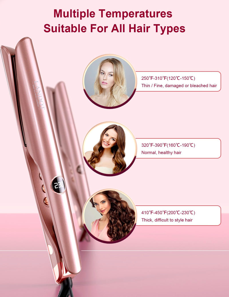 LANDOT Hair Straighteners and Curlers in One Ceramic Curved Twist Flat Iron | Multi Styler, Straighten Curl Wave, Tourmaline Ionic Smooth Glide, Anti-Frizz, 12 Temps 120-230°C, All Hair Types, Fast Heat Rose Gold
