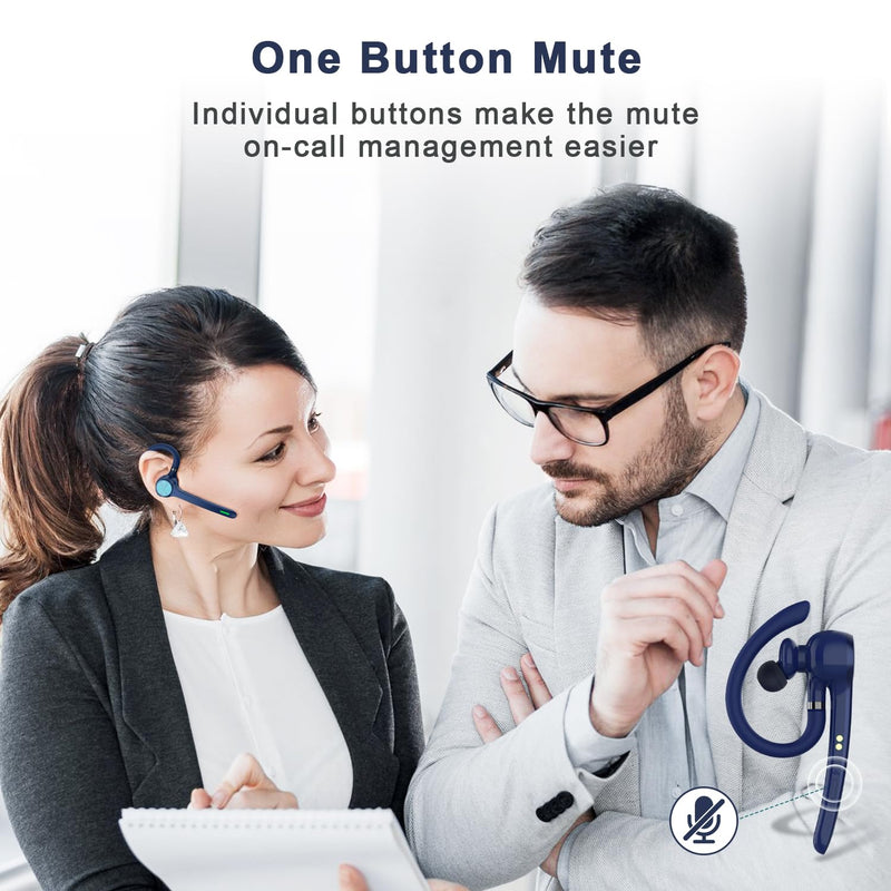 HEIBAS Bluetooth Headset, Wireless Earpiece with Mic for Work | 72H Playtime, 500mAh Charging Case, Hands-Free Calling with Mute Button for Work, Trucker, Office, Driving, iPhone, Blue