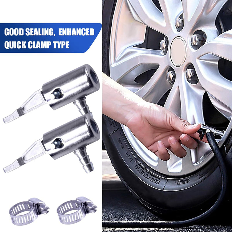 2PCS 1/4" Lock On All Metal Air Chuck, Mini Air Compressor Hose End with Barb Connector, Portable Tire Inflator Tire Chuck with Hose Clamp, Car Inflation Pump Air Nozzle for Hose Repair
