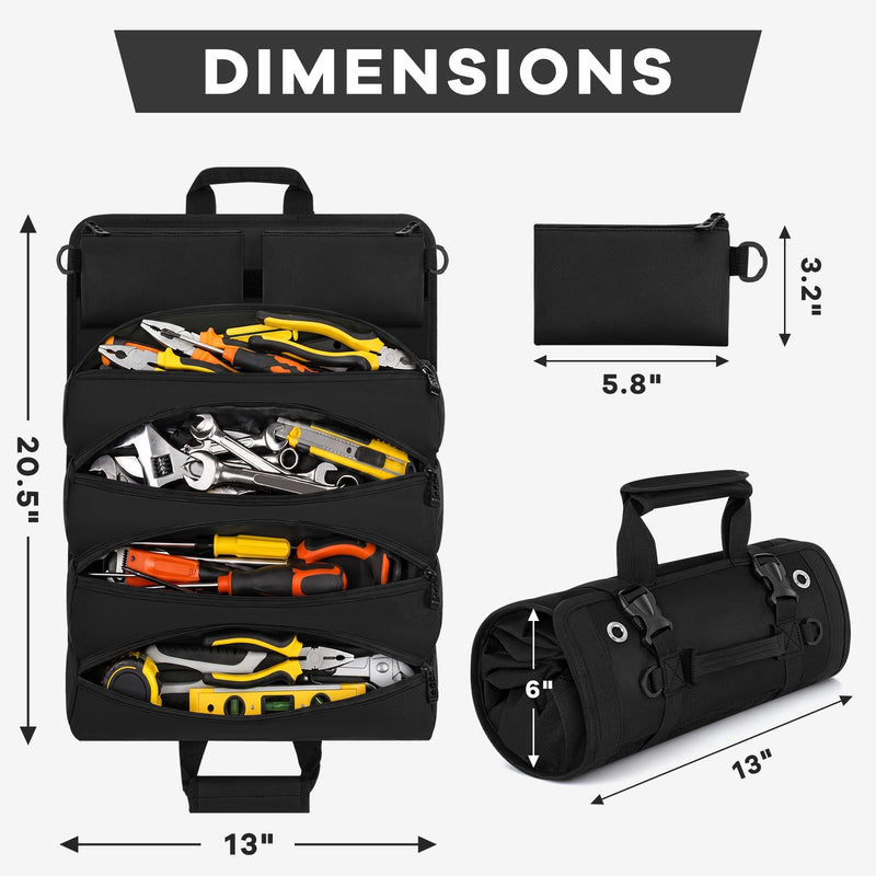 ANILD 13 Inch Roll Up Tool Bag Organizer, Heavy Duty Portable Tool Roll Organizer Bag with 2 Detachable Pouches, Father’s Day Gift, Gifts for Men, Electrician, Mechanic & Hobbyist (Black, Regular) Black