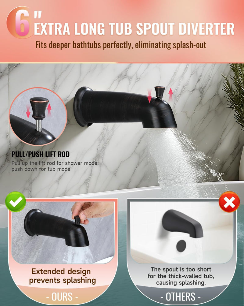 Slip On Bathtub Spout with Diverter, Extra Long 6 Inch Bathtub Spigot, Shower Spout with PTFE Tape & Hex Wrench, Fits for 1/2" IPS Threads,Oil Rubbed Bronze Oil Rubber Bronze