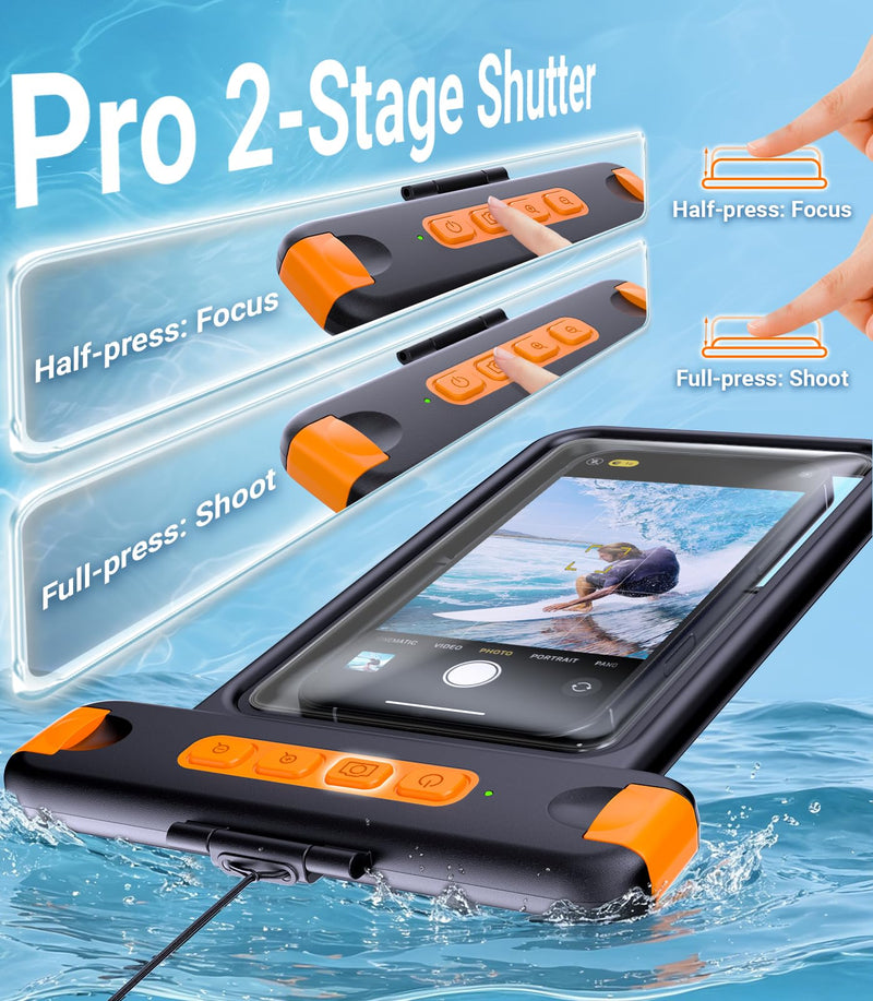 IP68 Bluetooth Shutter Waterproof Phone Pouch Case,Floating,Black | Hands-Free Photo & Video Underwater Control.Large Waterproof Phone Case Universal Fit for 8.5" Phone(iPhone Samsung Google) Black