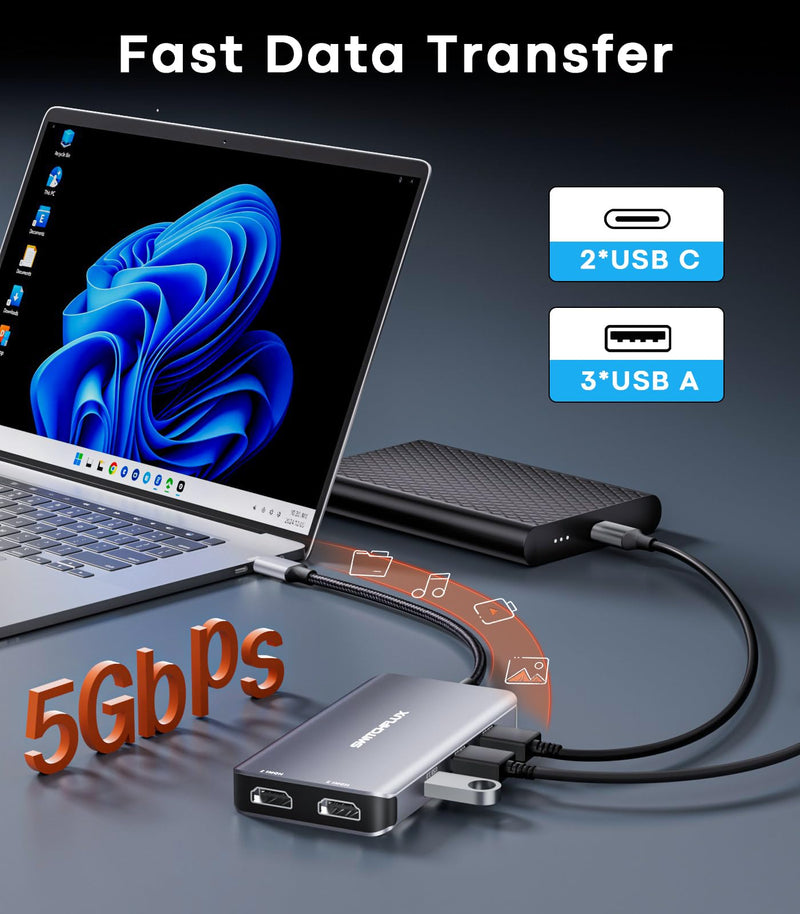 USB C Docking Station Dual Monitor, 10 in 1 USB C Hub with Dual HDMI, 100W PD, USB-A/C Data Ports, SD/TF Card Reader, Laptop Docking Station Compatible for Dell XPS HP Lenovo