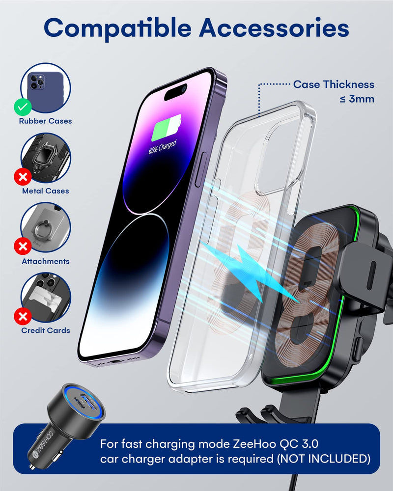 ZEEHOO Wireless Car Charger, DUOXX Dual Coils 15W Fast Charging Auto-Clamping Car Mount, Dashboard, Vent Charging Phone Holder for iPhone 17 16 15 14 13 12, S23 Ultra, Z Flip4 3, etc Black(DUOXX-X3)