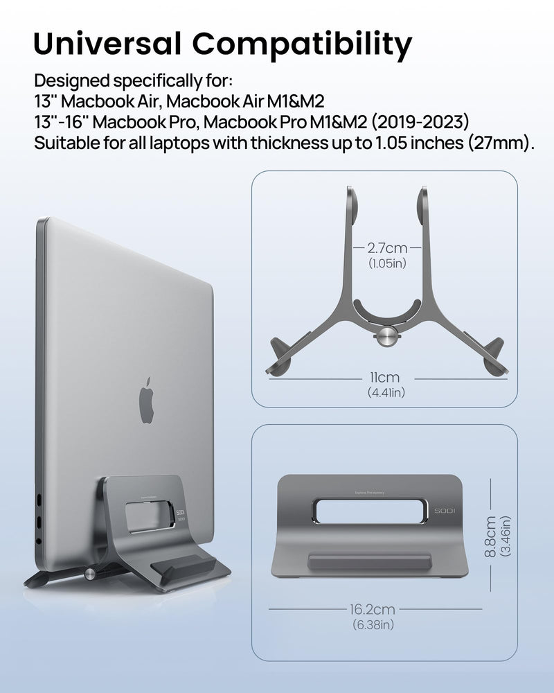 SODI Vertical Laptop Stand for Desk, Gravity Auto Lock MacBook Stand, Aluminum Laptop Holder Vertical Compatible with MacBook Pro, Air, Tablet, Space-Saving Organize Work & Home Office, Gray Space Grey