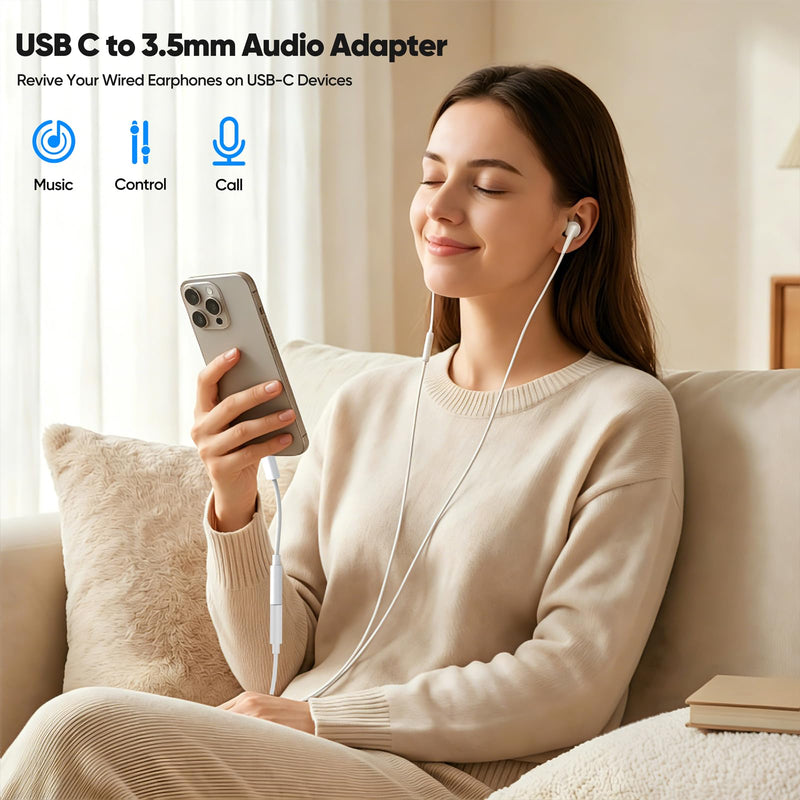 USB C to 3.5mm Audio Adapter, USBC to Headphone Jack AUX Dongle 24bit/48kHz | Braided Cable for iPhone 17/16/15 Galaxy S26 Note 20 iPad 11th/10th Gen MacBook Pro 1