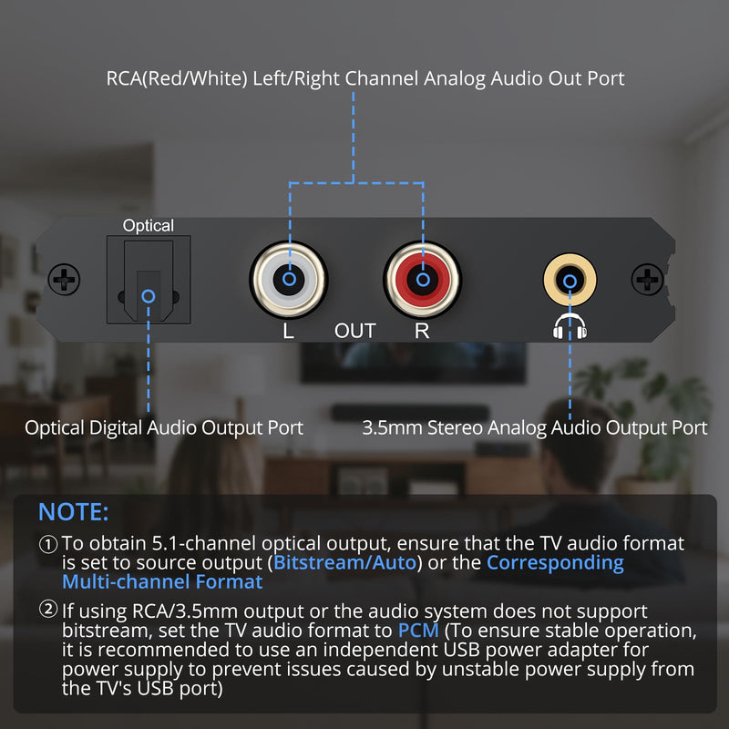 CAMWAY eARC/ARC Audio Extractor - eARC/ARC to Optical RCA 3.5mm Adapter, Support Dolby Digital DTS 5.1 Surround Output for TV, Amplifiers, Soundbars, Powered Speakers, Headphones,etc 8.3 x 5.2 x 3.8 cm