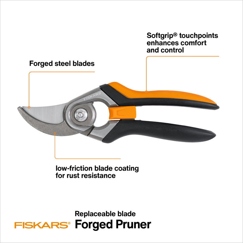 Fiskars Bypass Pruning Shears, 1" Cut Capacity Gardening Scissors, Forged Steel Replaceable Blade, SoftGrip Handle Garden Clippers, Rust Resistant Low Friction Coating for Branches & Stems Forged Pruner