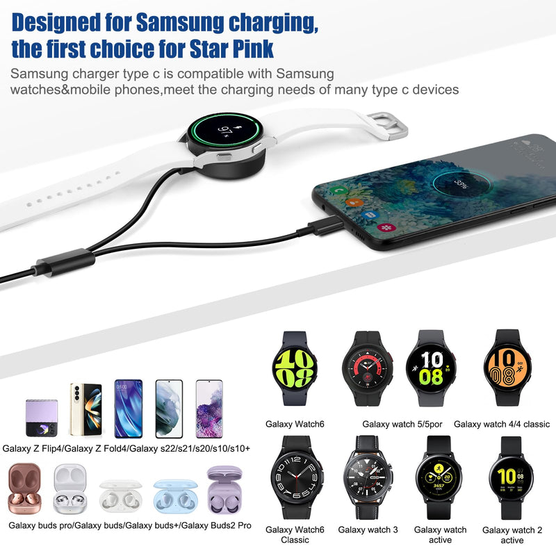 2 in1 Samsung Watch Charger,25W USB C Fast Charger Compatible with Galaxy Watch 6/6 Classic/5 Pro/5/4 /4 classic/3/Active2/1 and Galaxy S23 Ultra/S22/21/20 Note20/10 Z Fold 4(5ft)