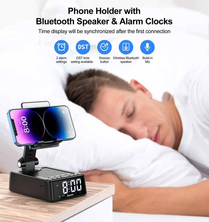 Phone Stand with Bluetooth Speaker - one with Alarm Clock and The Other with Charging Function