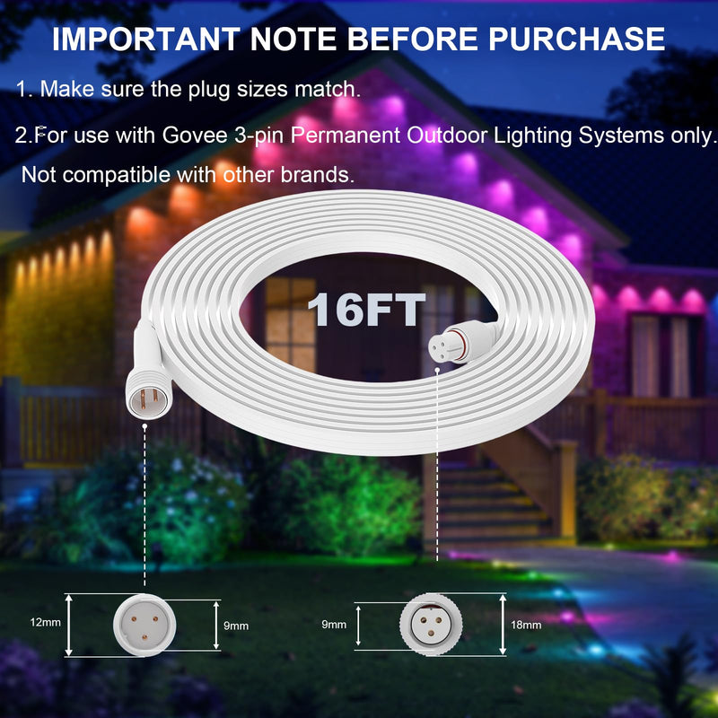 16FT Extension Cable Kit for Govee Permanent Outdoor Lights, Extension Cord Compatible with Govee H705A H705B H705C H706A H706B H706C H705D H705E H705F 16FT Extension Cord Kit