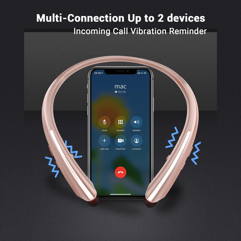 Neckband Bluetooth Headphones, Wireless Headphone with Retractable Earbud | Bluetooth 5.4, 16Hrs Playtime, IPX5 Sweatproof, Around The Neck Headphones Stereo Headset for Sports RoseGold