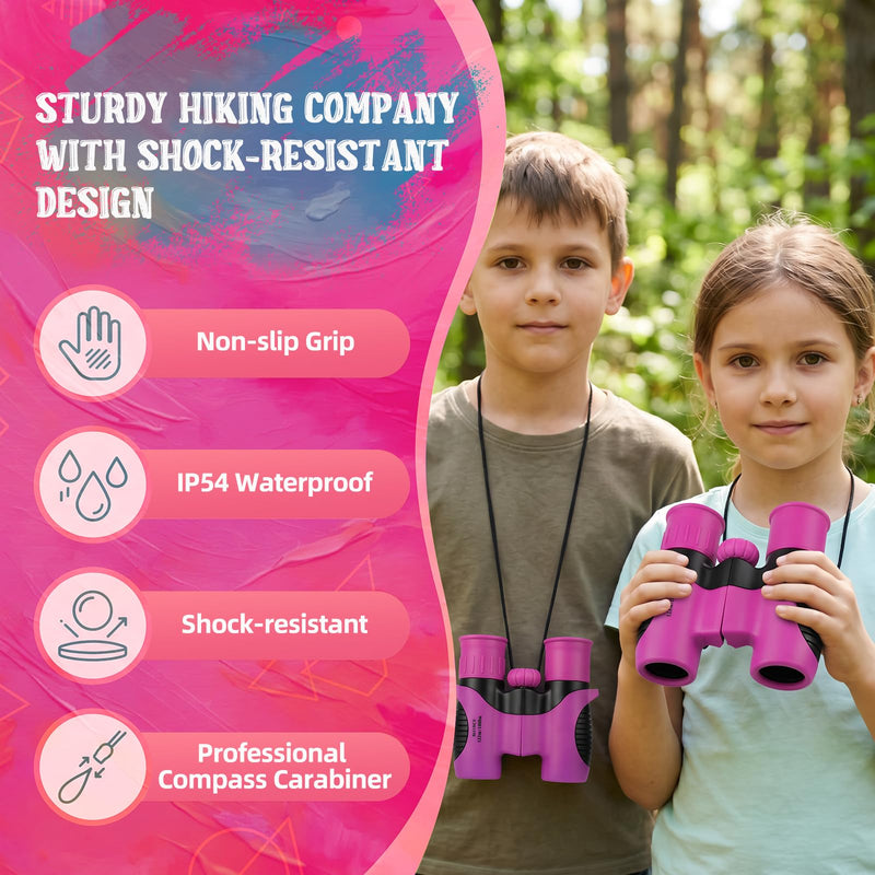 Portable Kids Binoculars 8x21 - Compact Shockproof Real Binoculars for Kids | Great for Bird Watching, Camping, Hiking | Educational Birthday Gift for Boys & Girls Aged 3-12 | Incl. Compass & Carabiner Rose-Pink