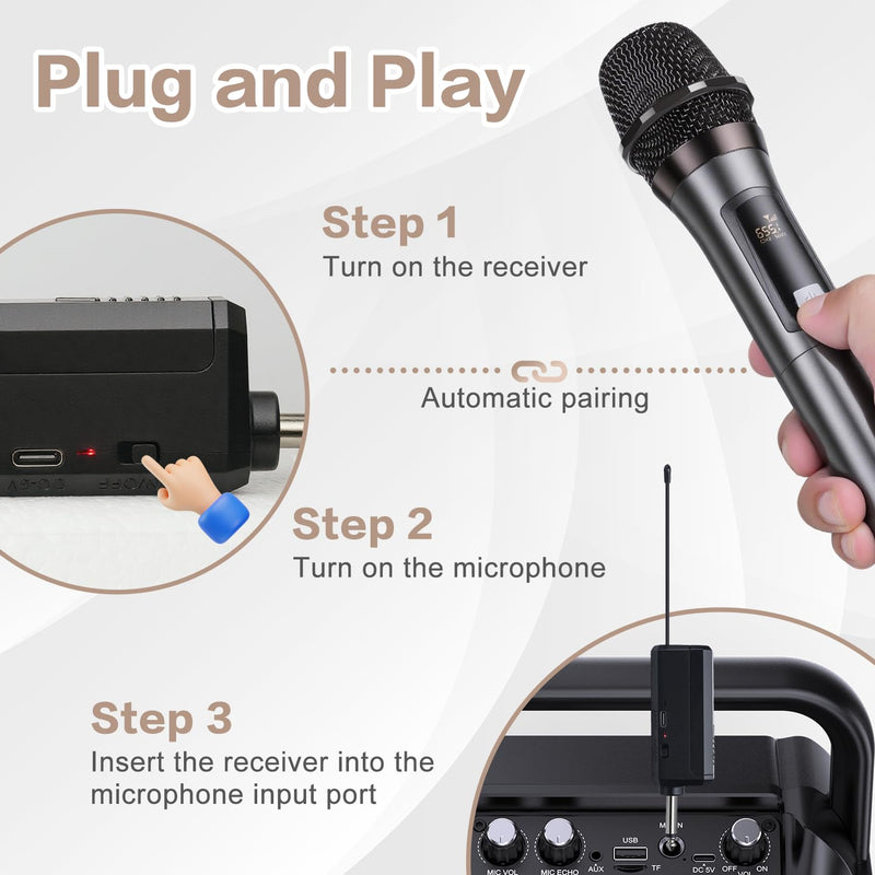 Wireless Microphone, Rechargeable Fixed Frequency Handheld Wireless Mic, Dual Cordless Dynamic Mic with Rechargeable Receiver-160ft Range, Karaoke Microphone for Party Singing Church Speech DJ Wedding Gray