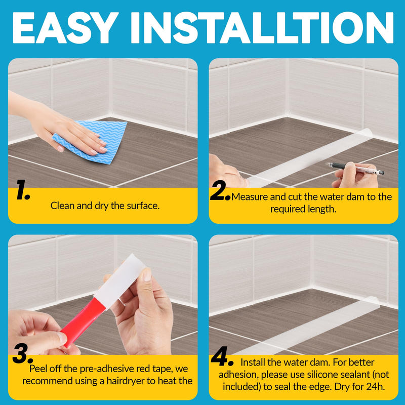 67" Collapsible Shower Threshold Water Dam Shower Barrier Keeps Water Inside Threshold Dry and Wet Separation Retention System Suitable for Bathroom Kitchen Sink Bathtub 67" Transparent
