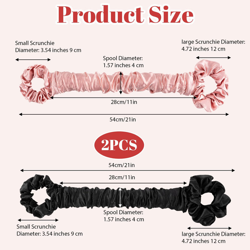 2 Pack 3-in-1 Satin Heatless Hair Curler Scrunchie with Extended Ruching | Heatless Curls Overnight, No Heat Hair Styling Rod with Built-in Hair Tie, Soft Sleep-In Curler for Long Hair, Pink+ Black