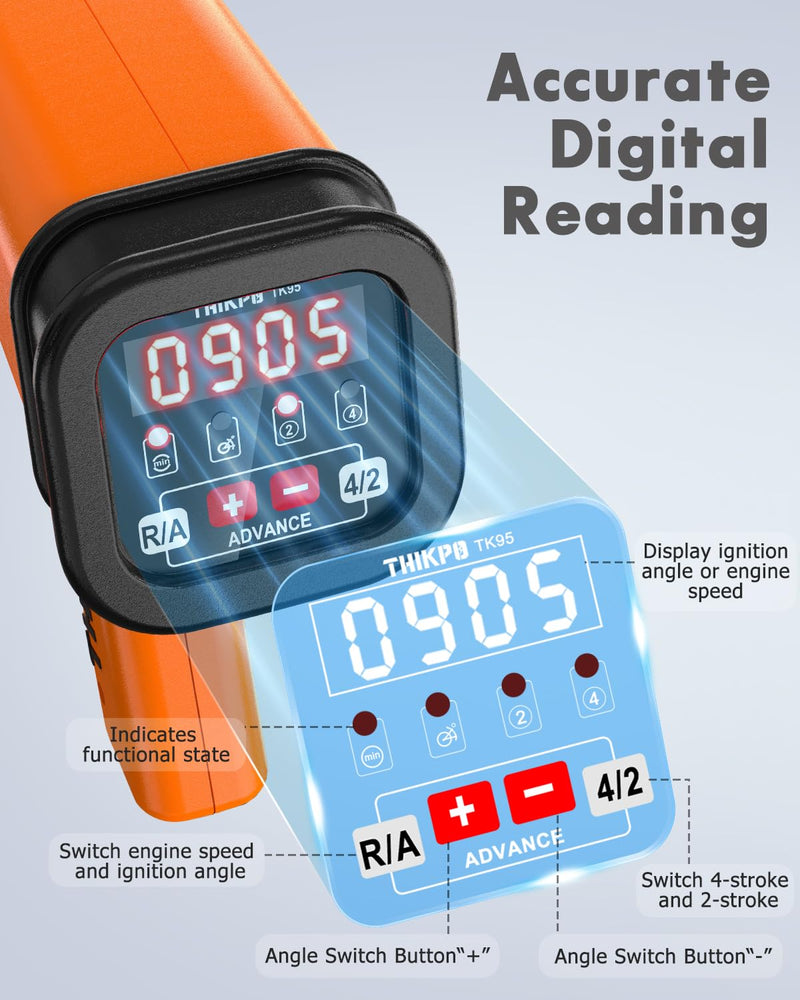 Digital Automotive Timing Light 12V, Inductive Ignition Timing Light Gun with Tachometer for 2&4 Stroke Petrol Engine for Classical Car Motorcycle Marine Orange