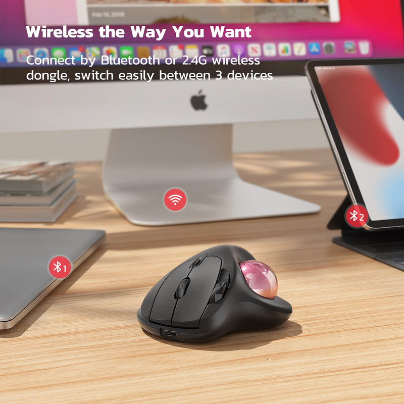 Nulea M501 Wireless Trackball Mouse, Rechargeable Ergonomic, Easy Thumb Control, Precise & Smooth Tracking, 3 Device Connection (Bluetooth or USB), Compatible for PC, Laptop, iPad, Mac, Windows F-Pink