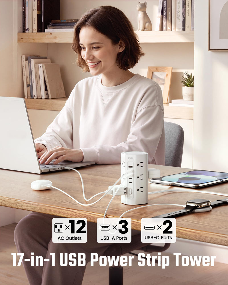 SUPERDANNY Tower Power Strip, 10Ft Extension Cord, 1700J, 12 AC 5 USB,White | 3 USB A, 2 USB C, Surge Protector Power Tower, Flat Plug, Desk Charging Station with Multiple Outlets, Home Office Dorm Room White 10 FT