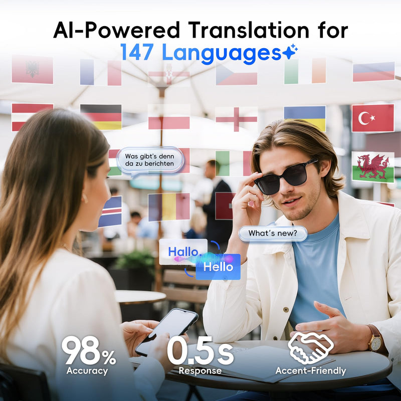 GetD AI Sunglasses, AI Real-time Translation with 147 Languages, Smart Nylon Polarized Sunglasses, Bluetooth Glasses for Women and Men with Speaker, Open Ear Audio Music Glasses