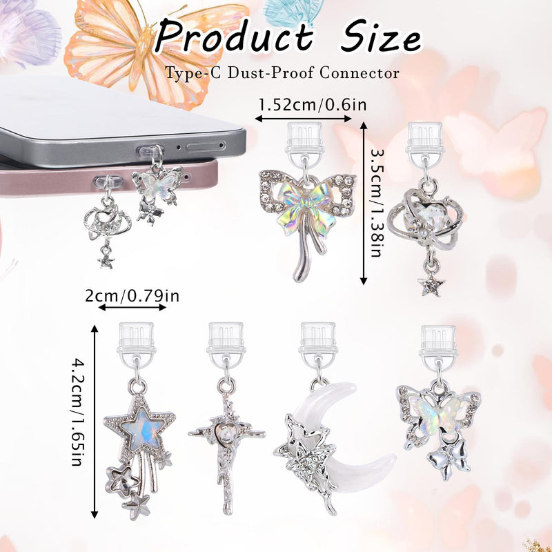 6 Pcs Dust Plug Charm, Silver Aesthetic Moon Star Butterfly Design Dust Plug Charms Compatible with Phone Type C/USB C Charging Port