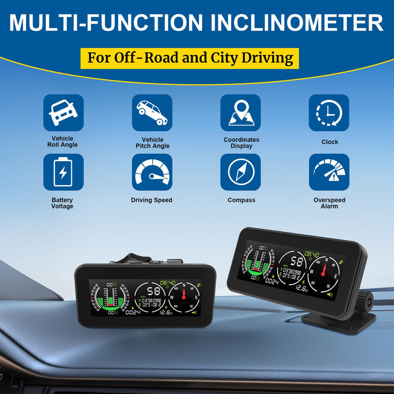 Car Inclinometer for Off-Road Driving, GPS Speedometer MPH KMH with Compass, Multi-Functional Digital HUD Dashboard Slope Meter, Upgrade Vehicle Level Tilt Gauge AM50-B