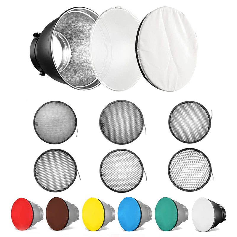 Soonpho Standard Reflector Beauty Dish Diffuser Lamp Shade 7"/ 18cm Photography with 10°/20°/30°/40°/50°/60° Degree Honeycomb Grid,6 Colors Soft Cloth for Studio Strobe Flash Light Speedlite