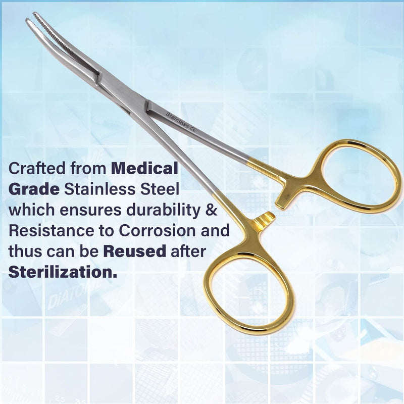Kelly Hemostat Forceps 5.5" Curved Clamps with Half Serrated Jaws Ideal for EMT, Firefighter, Nurses, Dental, hobby, Fishing Electronics, Pruning + More Stainless Steel (Gold Handle) Gold Handle