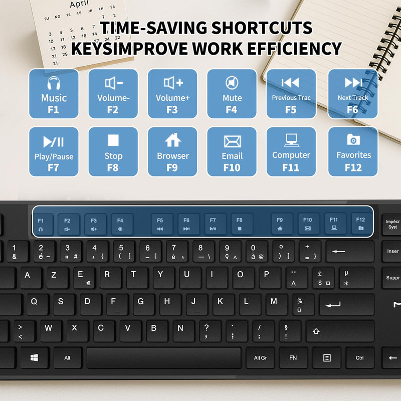 French AZERTY Keyboard Wired USB for Computer Laptop PC | 105 Keys Full-Size Laser-Etched(Not Fading Character）1.6m Cable Length,Typing Comfort for French Speakers,Office French AZERTY Layout