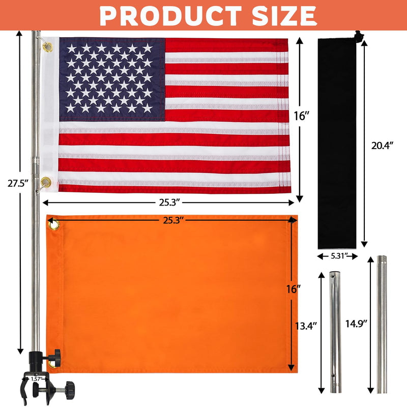 2 Pack Boat Flag Kit – 16"x24" American Flag with 50 Stars, Orange Safety Flag, 2 Stainless Poles, Holders & Bag – for Pontoon, Kayak, Tow Sports(16“x24”)