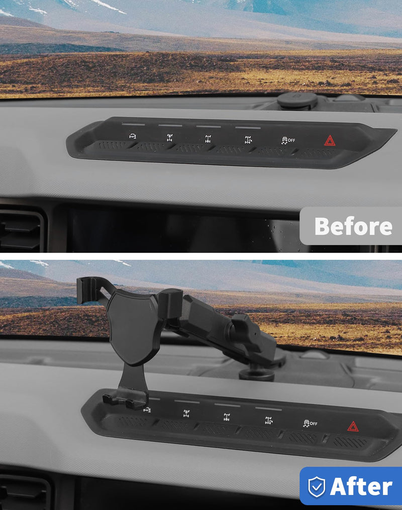 Dashboard Phone Mount Holder for 2021-2025 Ford Bronco Accessories 2/4 Door, 360° Adjustable Operation Rotates Vertical and Horizontal Aluminum Car Phone Holder Black Y