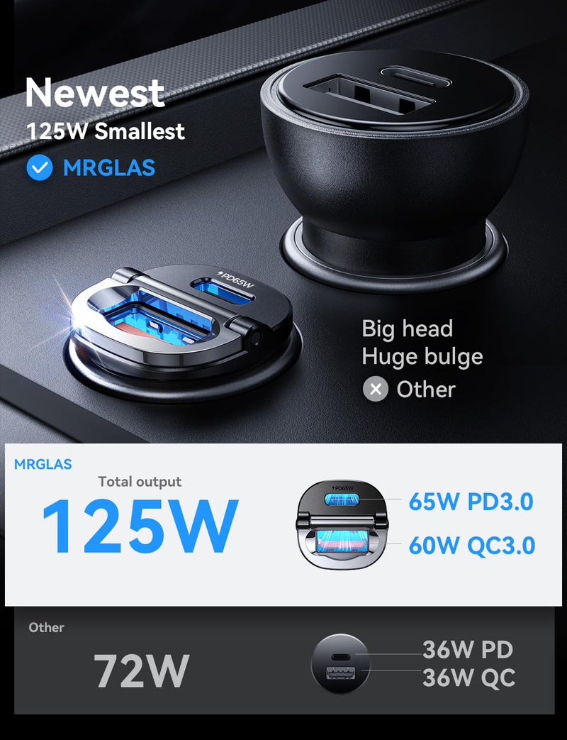 [2-Pack] 125W USB C Car Charger, USB C Car Adapter Fast Charging | Mini Metal PD65W & QC60W Dual Port, Type C Cigarette Lighter USB Charger for iPhone 17 16 15 14 Pro Max iPad Samsung Macbook Black 2