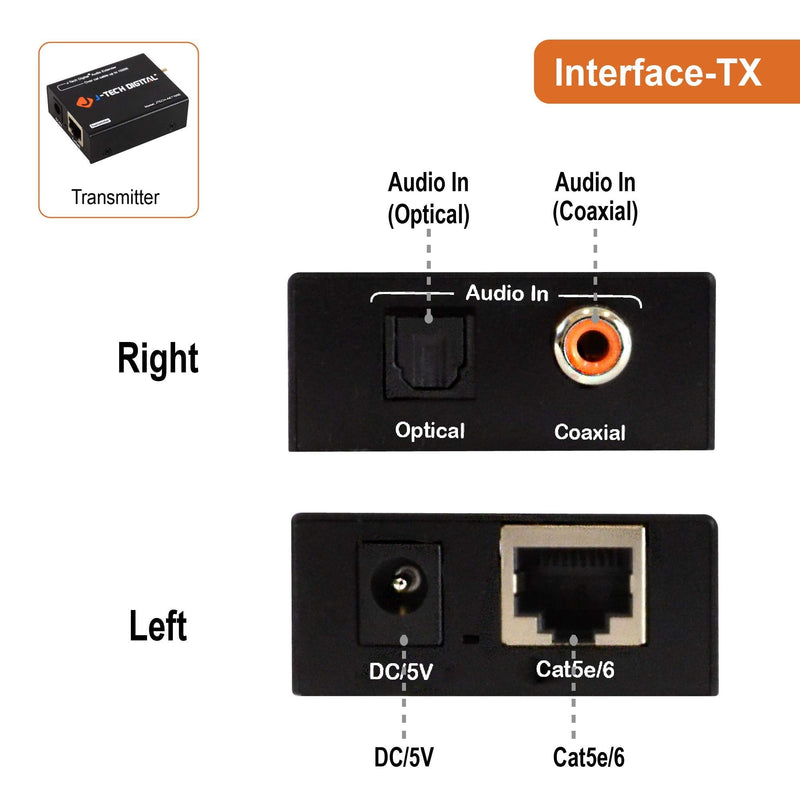 J-Tech Digital Digital Audio Extender Converter for Optical/Coaxial Audio Over Single Cat5e/6 Cable (PoC) up to 990’ (300m) for Dolby Digital, DTS 5.1, DTS-HD, PCM [JTECH-AET1000] Audio Extender 990ft with Optical & Coaxial
