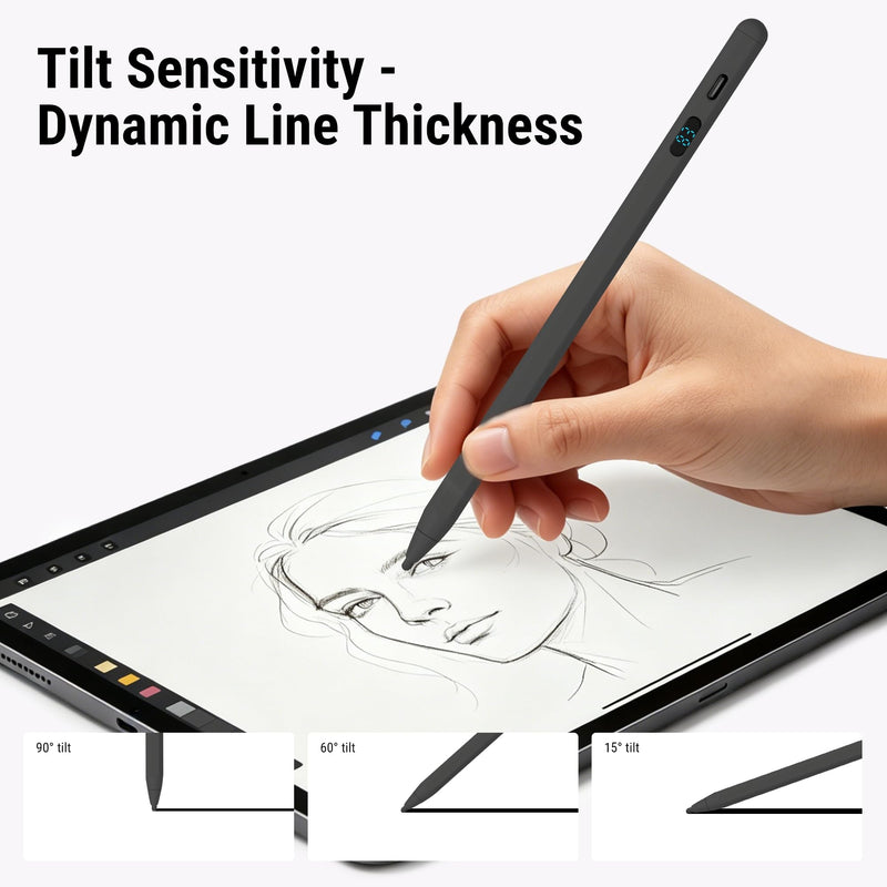 2-in-1 Stylus with LED Display | dual-mode active + capacitive, palm rejection, tilt, USB-C fast charge, no Bluetooth, 3 tips, for iPad iPhone Samsung Switch Black