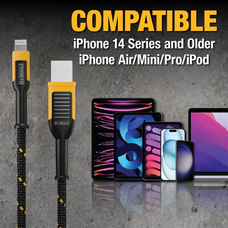 DEWALT Heavy Duty 2-Pack Durable iPhone Charger Cord, [Apple MFi Certified] 4ft Long Charging Cable, Compatible Apple Lightning to USB Cable, Fast Charging Cords for iPhone 14/13/12/11/13 Pro/13 Max 4ft, 2pack