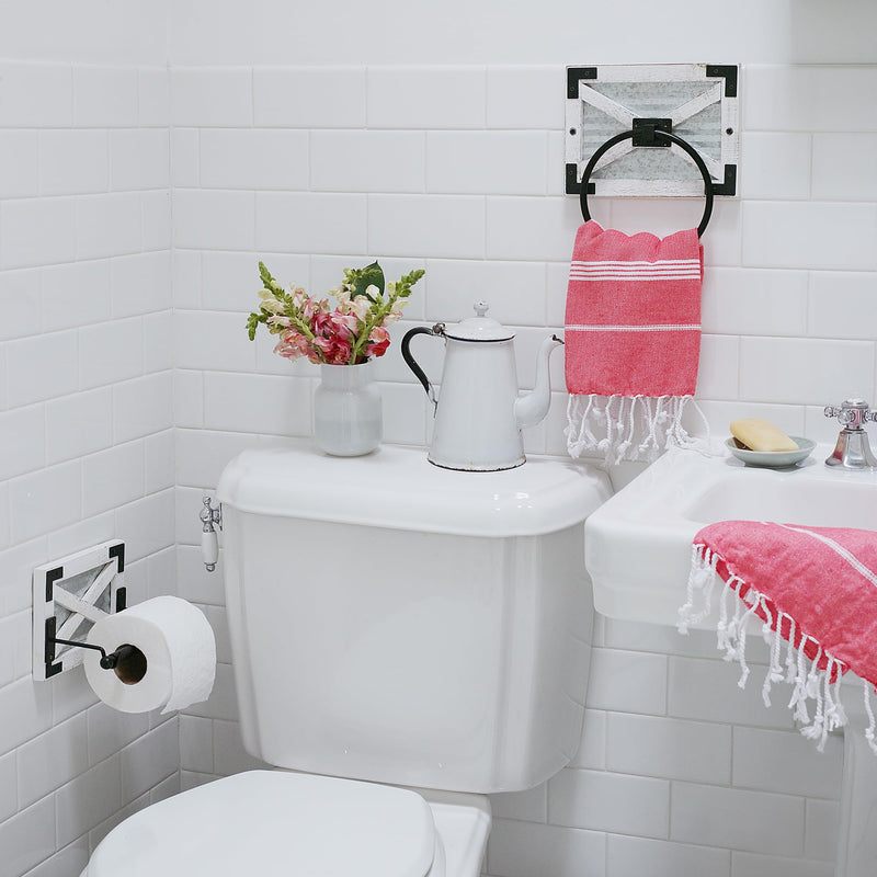 Autumn Alley Farmhouse Toilet Paper Holder and Towel Ring Holder with Bracket, Wall Mount, 2 Set - Farmhouse Toilet Paper Holder and Bathroom Hand Towel Holder Wooden Decor, White