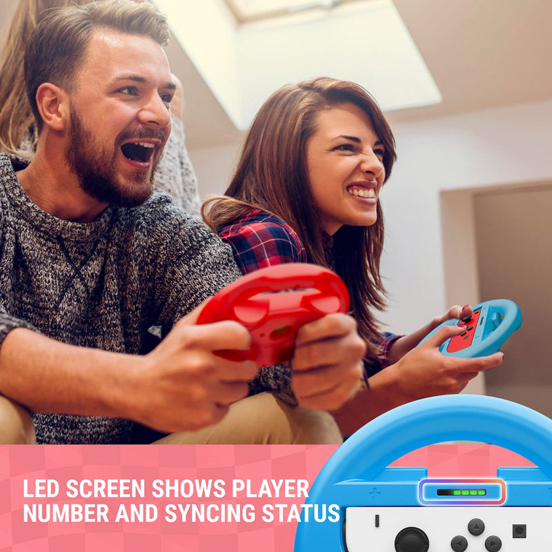 Orzly Steering Wheels for Nintendo Switch & OLED JoyCons, Racing Wheels for Mario Kart 8 Deluxe [Mariokart Switch Steering Wheel Joycon Controller Attachment Accessories] - TWIN PACK[1x Red & 1x Blue] 1x BLUE & 1x RED Steering Wheel for Nintendo Switch