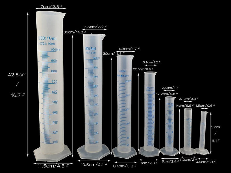 Plastic Transparent Blue Line Liquid Graduated Measuring Cylinder Lab Test Tube 10ml /25ml /50ml /100ml/ 250ml /500ml / 1000ml Pack Of 7