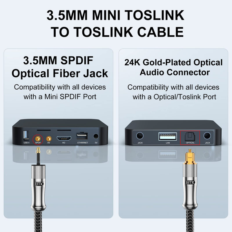 EMK 24K Gold-Plated Toslink to Mini Toslink Cable (6ft/2M) - Digital Optical Audio Cable with 3.5mm Mini Plug for Soundbar, Home Theater, TV - Silver SPDIF Fiber Optic Cable 6 Feet/2M 3.5MM Mini Toslink