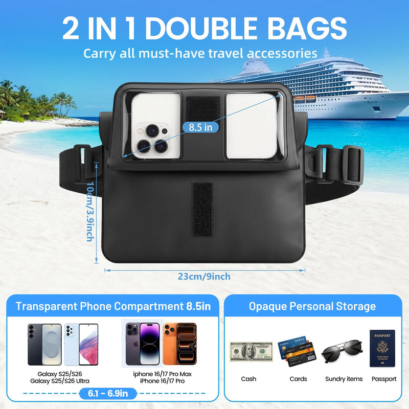 Niveaya Double Space Waterproof Fanny Pack, IPX8 Waterproof Dry Bag Waist Pouch for Beach, Kayaking, Swimming, Boat Travel Essentials, Waterproof Phone Bag & Passport Holder for Women Men(2 Pack) Black+Blue