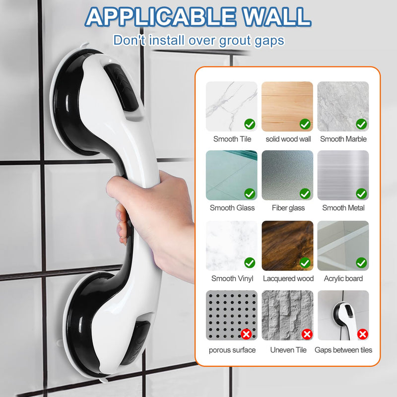 Grab Bars for Bathtubs and Showers, 2 Pack Shower Handle 12 Inch Strong Suction Shower Bar, Safety Bars for Shower Chair, Bathroom Grab Bar for Senior Black White Black/White