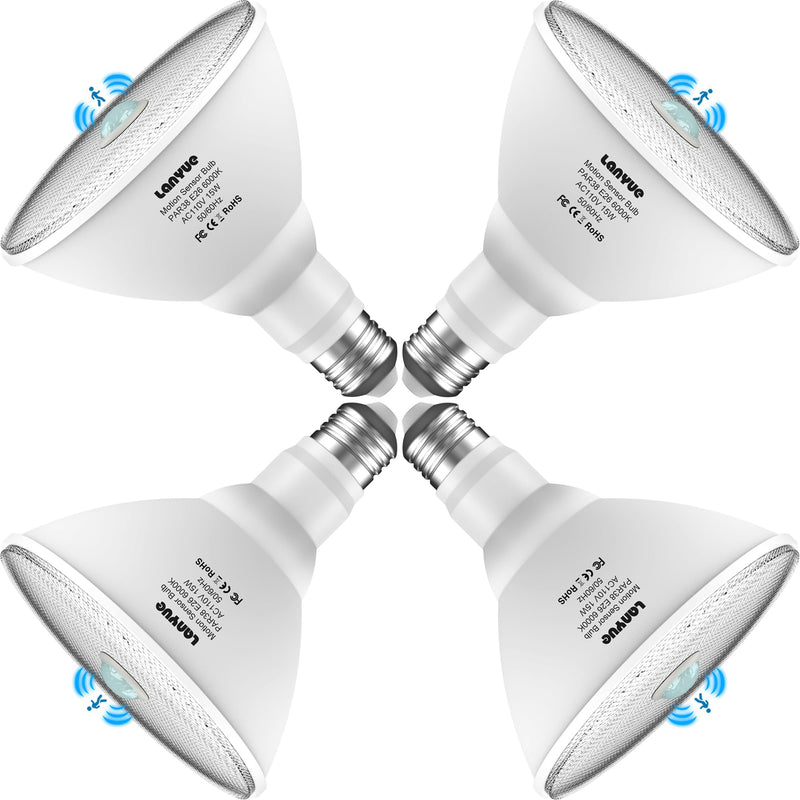 Motion Sensor Light Bulbs, Dusk to Dawn Outdoor Lighting, PAR38 Led Motion Sensor Flood Light 100 Watt Equivalent(15W), 6000K Daylight, Waterproof Outdoor/Indoor,(4 Pack) LY-PAR38H001