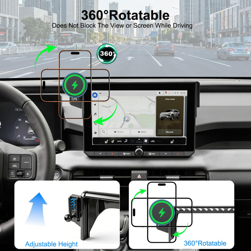15W Fast Wireless Charger Car Phone Holder for 2026 Toyota RAV4 10.5-inch Touchscreen (LE/SE/XLE Premium/Woodland), 360° Rotation Phone Mount Compatible with MagSafe, 2026 Toyota RAV4 Accessories for 2026 RAV4 10.5-Inch 15W Wireless Charging