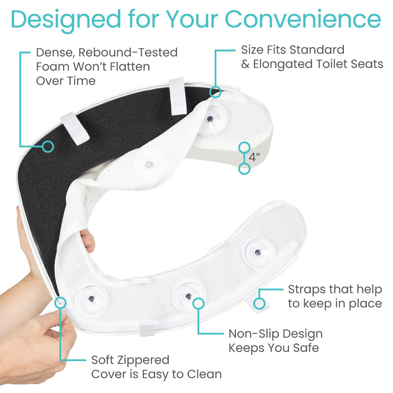 Vive Toilet Seat Riser Cushion for Seniors - Universal Fit - Raised Toilet Seat with High-Density Foam for Elongated & Standard - Firm Handle, Cushioned & Padded - Elevated Medical Handicap Lifter White Dense Riser 4” Height