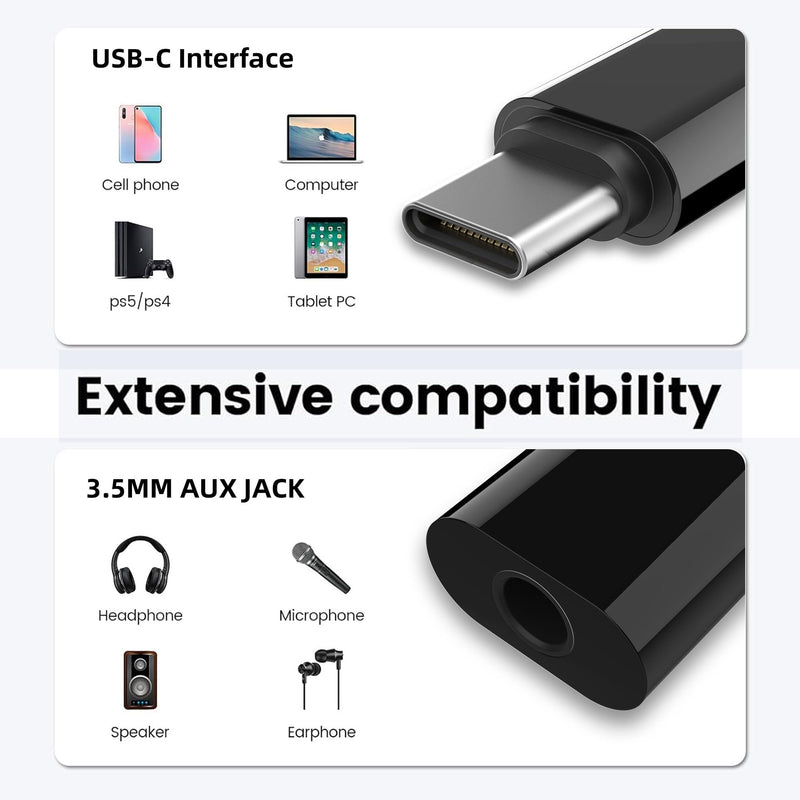USB C to 3.5mm Audio Adapter, USB Type C/USB A to 3.5mm Female Aux Jack Stereo Earphone Headphone Dongle Adapter for PS4,PS5,Headphone,Mac,Linux,Laptop,Desktops,Docking Station [2 adapters] - Black