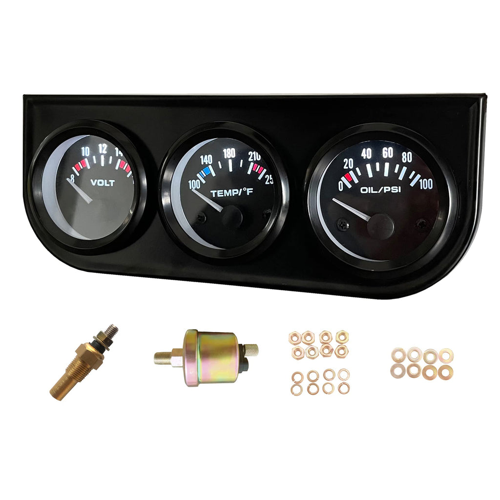 52mm 3 in1 Car Meter Auto Gauge Kit(8-16V Volt Meter +100-250℉ Water Temperature Gauge+ 0-100 psi Oil Pressure Meter) Triple Auto Dashboard Gauge Set with Black Console for 12V Cars