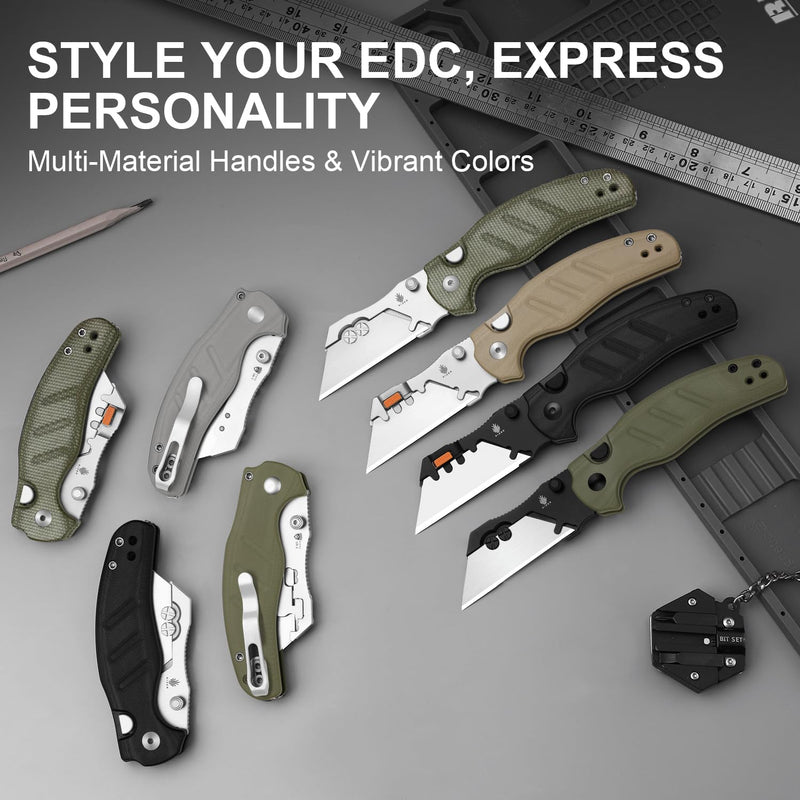 Kizer C01C Uti 2 (Tool-Free Version) Utility Knife, Button Liner Lock Box Cutter Pocket Knife with 5PCS Razor Blades, Thumb Stud Folding Knives with Green G10 Handle for Men Women V3488.29JNM1